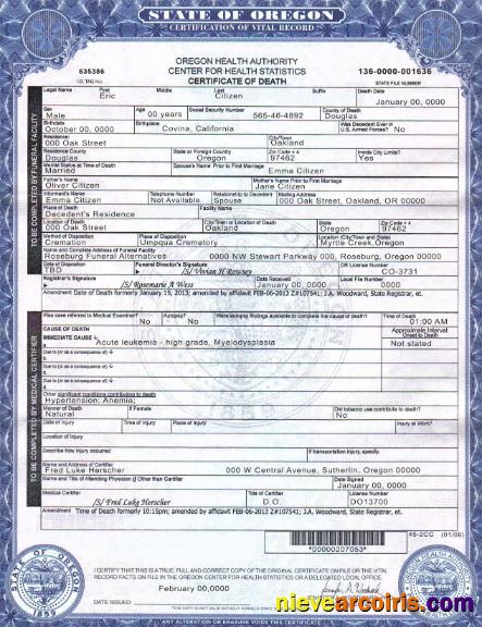 USA Oregon death certificate